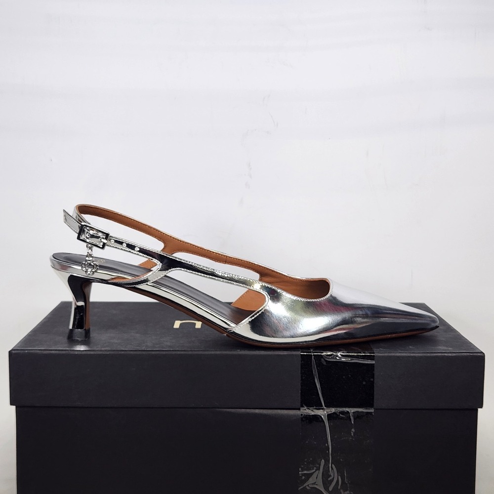 Maje Fayna Slingback Pumps Women Size 7.5 Silver Metallic Kitten Heel MFACH00695